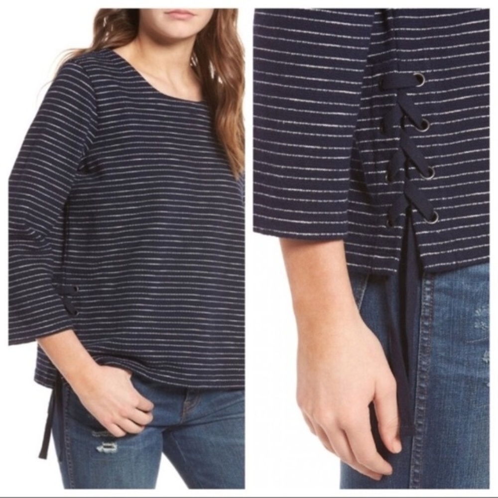 Madewell women S stripe side lace-up top knit 3/4 sleeve cotton dark academia